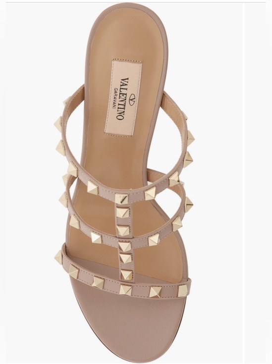 Valentino Garavani Shoes - Valentino Garavani Beige Leather Pyramid-Stud Slide Sandal